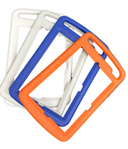 Three rectangular silicone frames in white, blue, and orange on a white background