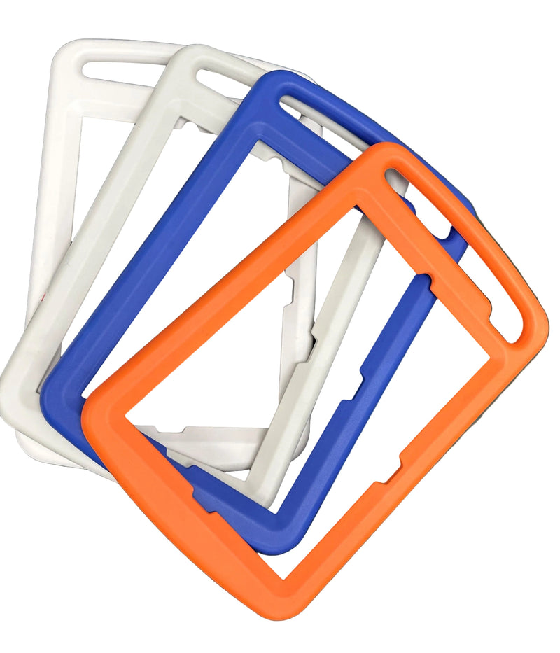 Three rectangular silicone frames in white, blue, and orange on a white background
