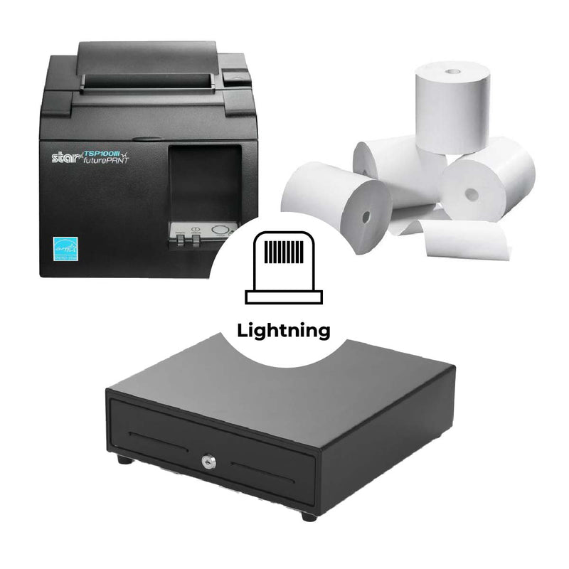 Complete iPad Direct-Connect POS Starter Kit: Lightning Compatible Printer + Small Footprint Cash Drawer + 20 Rolls