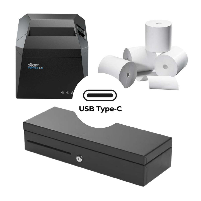 Complete USB-C POS Starter Kit: Next-Gen Star Micronics Receipt Printer + Flip-Top Cash Drawer + 20 Rolls